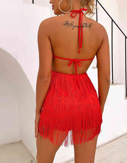 Load image into Gallery viewer, Fringed Halter Neck Tied Back Mini Dress
