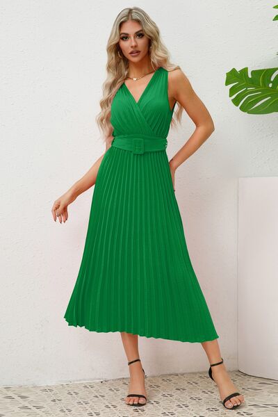 Load image into Gallery viewer, Surplice Sleeveless Midi Pleated Dress
