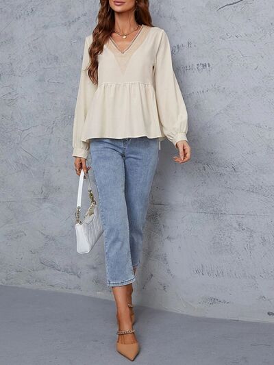 Load image into Gallery viewer, V-Neck Peplum Long Sleeve Shirt
