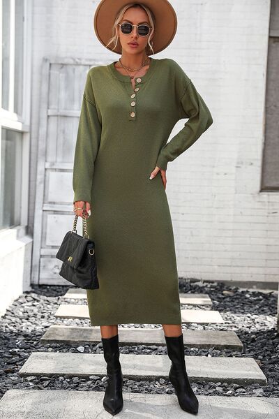 Load image into Gallery viewer, Decorative Button Notched Dropped Shoulder Sweater Dress
