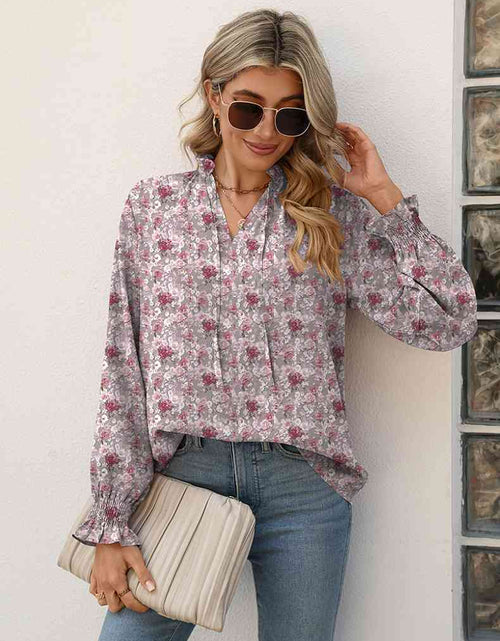 Load image into Gallery viewer, Printed Tie Neck Flounce Sleeve Blouse
