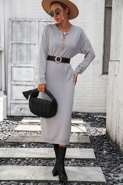 Load image into Gallery viewer, Decorative Button Notched Dropped Shoulder Sweater Dress
