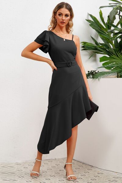 Load image into Gallery viewer, Ruffled Asymmetrical Neck Flutter Sleeve Dress
