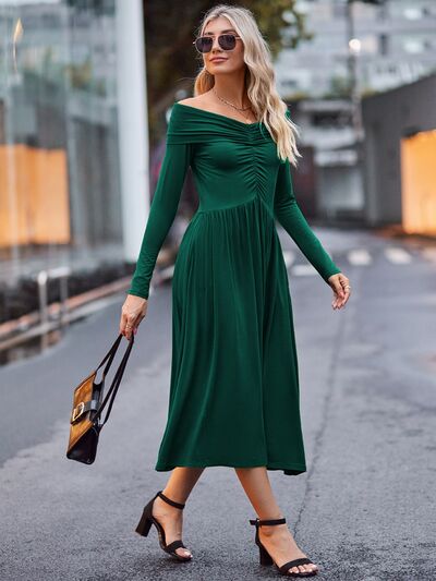 Load image into Gallery viewer, Ruched Off-Shoulder Midi Dress
