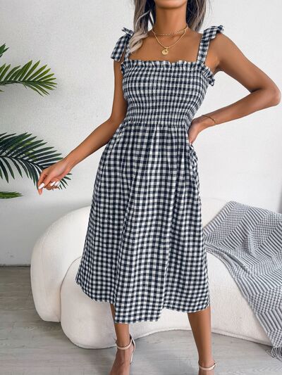 Load image into Gallery viewer, Frill Plaid Square Neck Midi Dress
