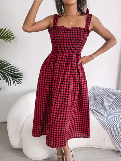 Load image into Gallery viewer, Frill Plaid Square Neck Midi Dress
