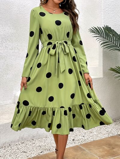 Load image into Gallery viewer, Tied Polka Dot Round Neck Ruffle Hem Dress
