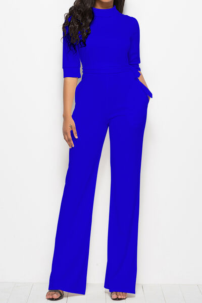 Load image into Gallery viewer, Mock Neck Tie-Waist Half Sleeve Jumpsuit
