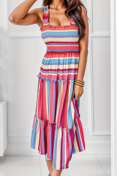 Load image into Gallery viewer, Striped Frill Smocked Tiered Midi Dress
