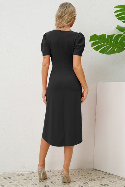 Load image into Gallery viewer, Slit Ruched Round Neck Puff Sleeve Dress
