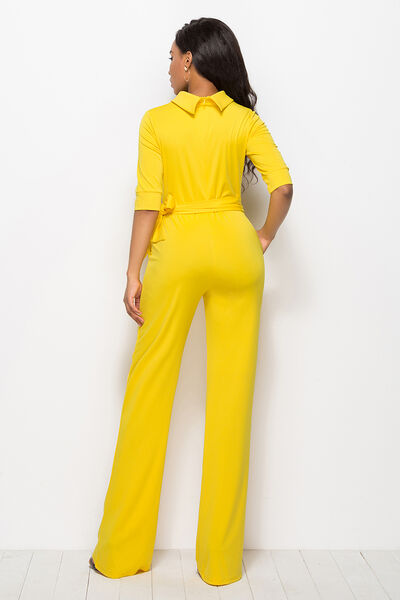 Load image into Gallery viewer, Mock Neck Tie-Waist Half Sleeve Jumpsuit
