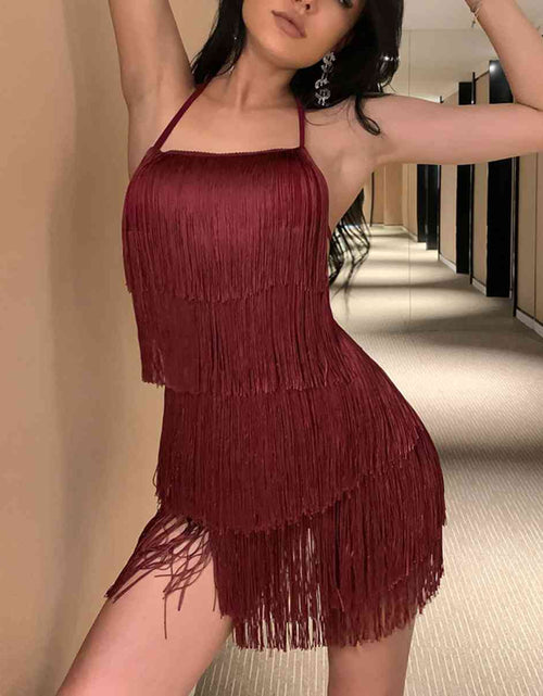 Load image into Gallery viewer, Fringed Halter Neck Tied Back Mini Dress
