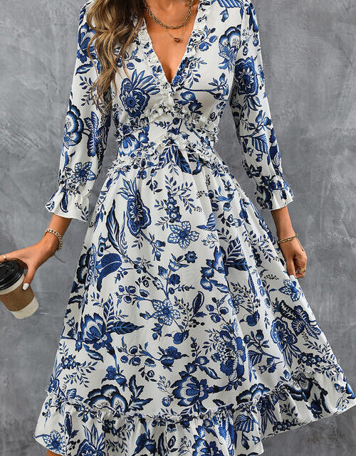 Load image into Gallery viewer, Printed V-Neck Ruffle Hem Flounce Sleeve Dress
