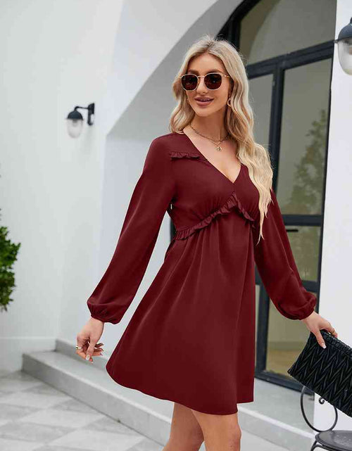 Load image into Gallery viewer, Frill Trim V-Neck Long Sleeve Dress
