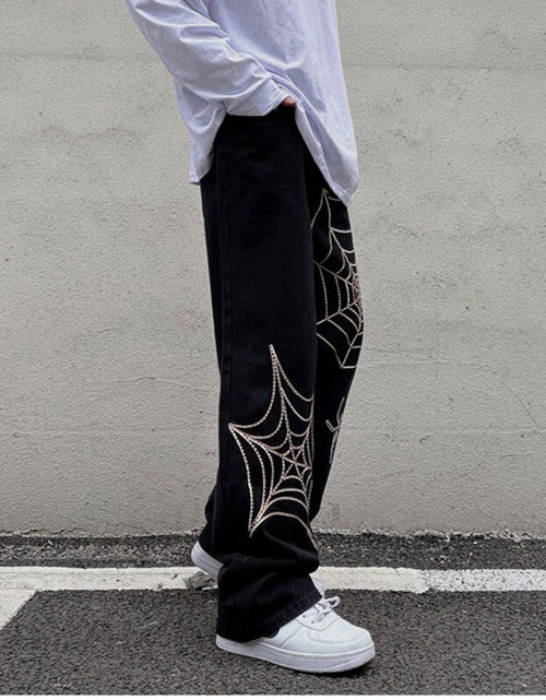 Load image into Gallery viewer, Men&#39;s Black Streetwear Spider Web Pants
