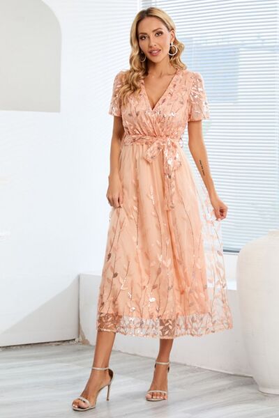 Load image into Gallery viewer, Sequin Leaf Embroidery Tie Front Short Sleeve Dress
