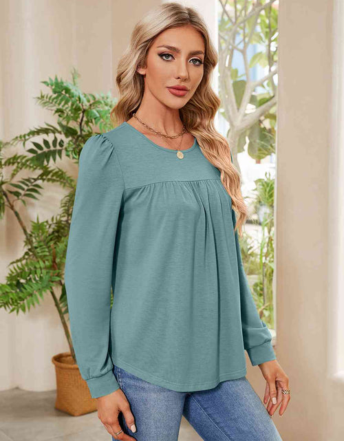 Load image into Gallery viewer, Ruched Round Neck Long Sleeve Blouse
