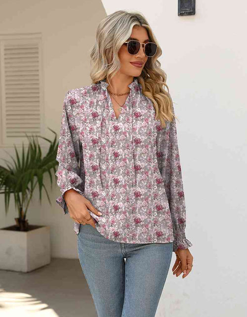 Load image into Gallery viewer, Printed Tie Neck Flounce Sleeve Blouse
