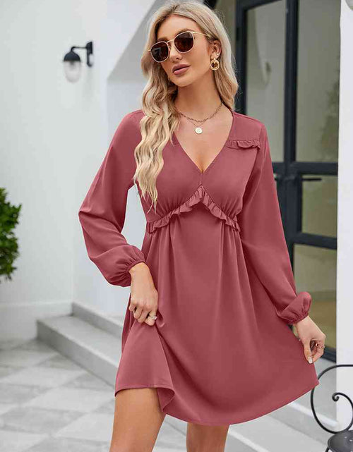 Load image into Gallery viewer, Frill Trim V-Neck Long Sleeve Dress
