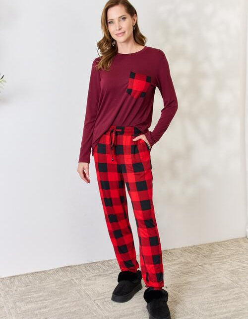 Load image into Gallery viewer, Zenana Full Size Plaid Round Neck Top and Pants Pajama Set
