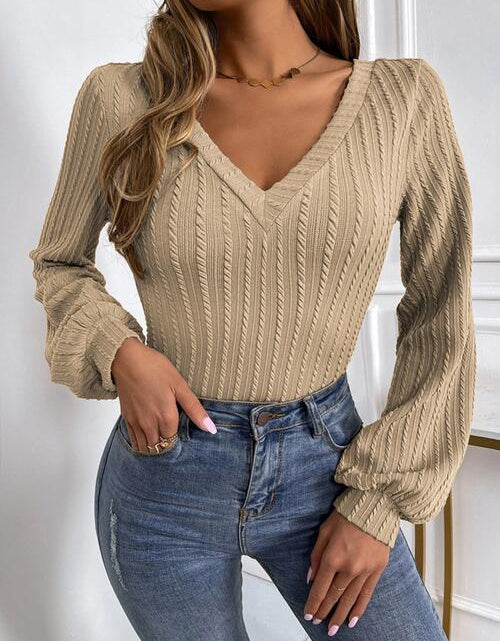 Load image into Gallery viewer, Cable-Knit V-Neck Long Sleeve Knit Top
