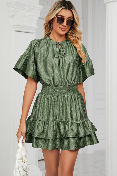 Load image into Gallery viewer, Smocked Tie Neck Flounce Sleeve Dress
