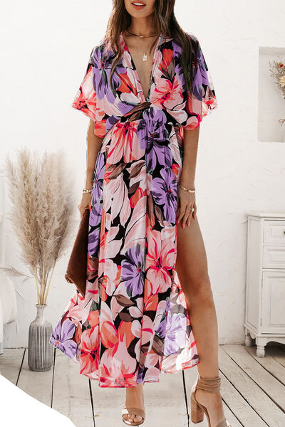 Load image into Gallery viewer, Plunge Split Printed Short Sleeve Dress
