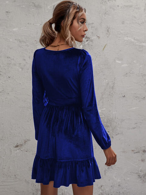 Load image into Gallery viewer, Plunge Long Sleeve Ruffle Hem Dress
