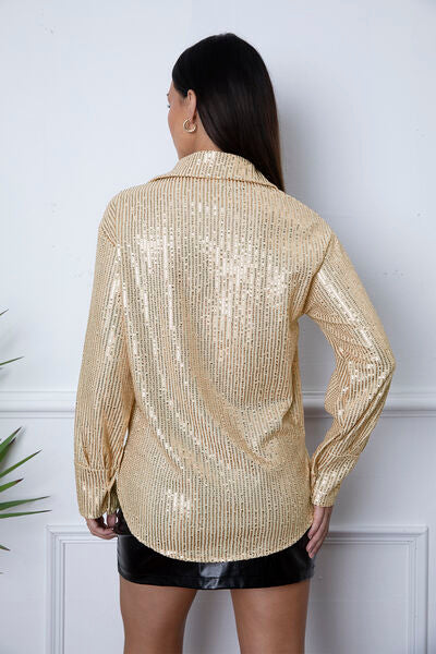 Load image into Gallery viewer, Sequin Collared Neck Long Sleeve Shirt
