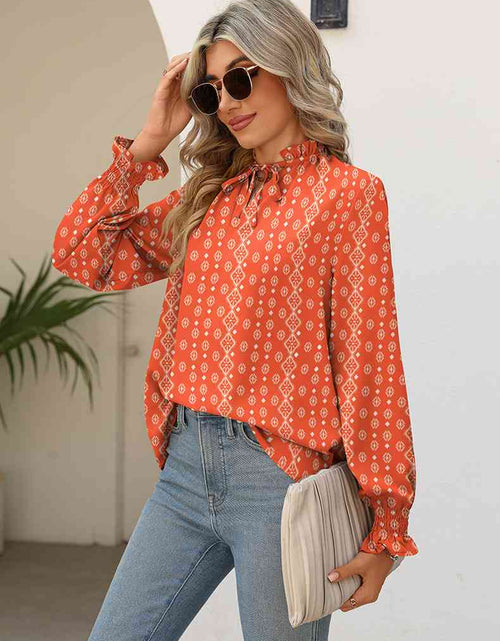 Load image into Gallery viewer, Printed Tie Neck Flounce Sleeve Blouse
