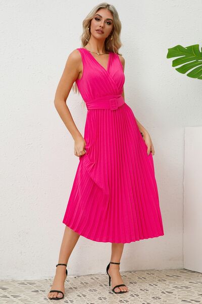 Load image into Gallery viewer, Surplice Sleeveless Midi Pleated Dress
