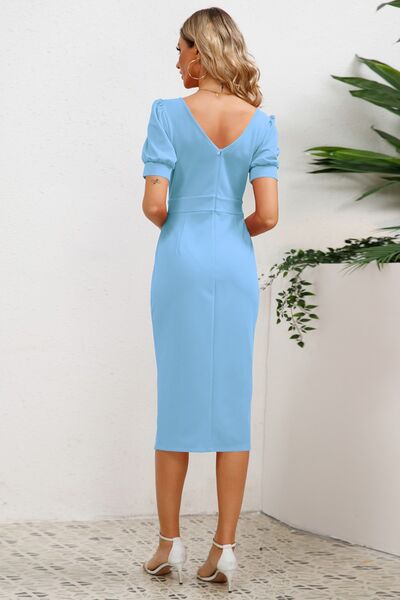 Load image into Gallery viewer, Slit Ruffled Puff Sleeve Midi Dress
