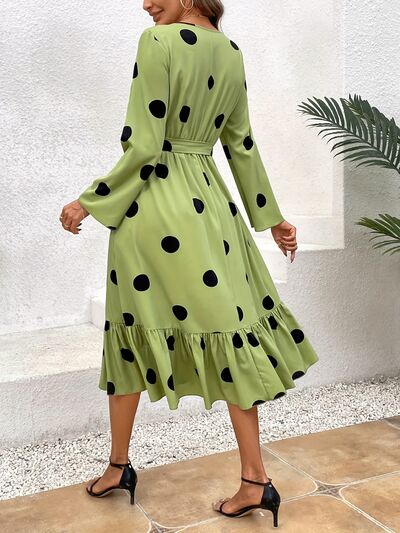 Load image into Gallery viewer, Tied Polka Dot Round Neck Ruffle Hem Dress
