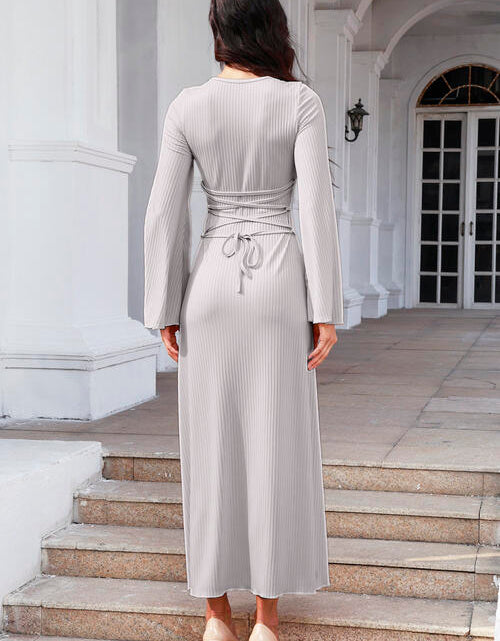 Load image into Gallery viewer, Tie Back Ribbed Round Neck Long Sleeve Dress
