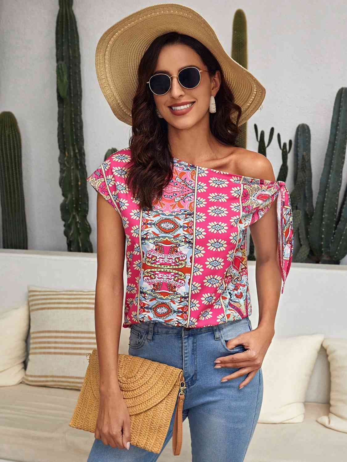 Printed Tied-Shoulder Single Shoulder Top