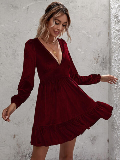 Load image into Gallery viewer, Plunge Long Sleeve Ruffle Hem Dress
