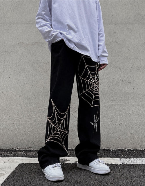 Load image into Gallery viewer, Men&#39;s Black Streetwear Spider Web Pants
