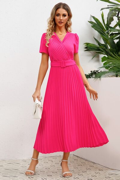 Load image into Gallery viewer, Pleated Surplice Short Sleeve Midi Dress
