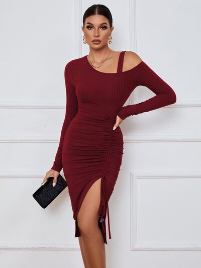 Load image into Gallery viewer, Ribbed Ruched Drawstring Wrap Dress
