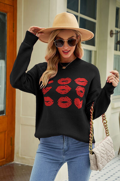 Load image into Gallery viewer, Contrast Lip Pattern Round Neck Slit Sweater
