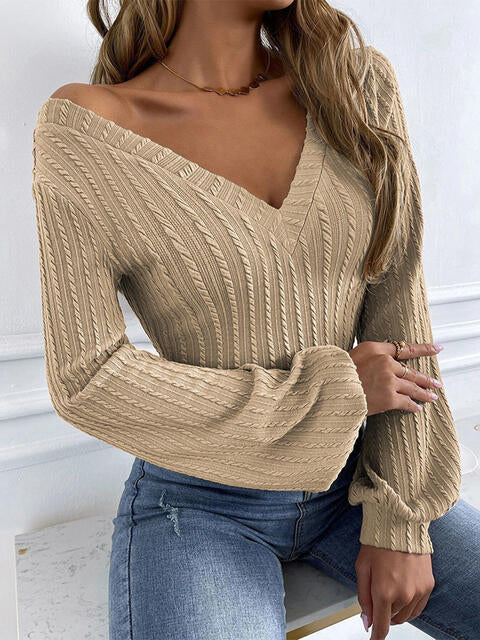 Load image into Gallery viewer, Ribbed V-Neck Lantern Sleeve Top
