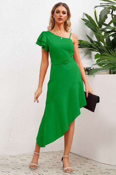 Load image into Gallery viewer, Ruffled Asymmetrical Neck Flutter Sleeve Dress
