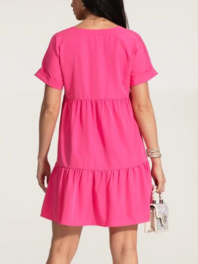 Load image into Gallery viewer, V-Neck Short Sleeve Ruffle Hem Dress
