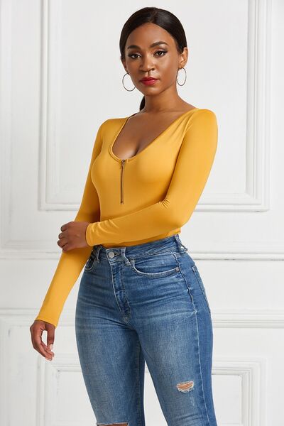 Load image into Gallery viewer, Half Zip Scoop Neck Long Sleeve Bodysuit
