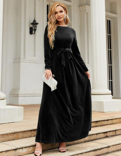 Load image into Gallery viewer, Tie Front Round Neck Long Sleeve Maxi Dress
