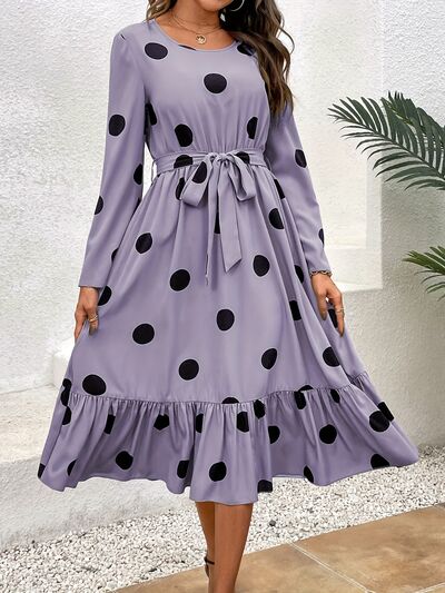 Load image into Gallery viewer, Tied Polka Dot Round Neck Ruffle Hem Dress
