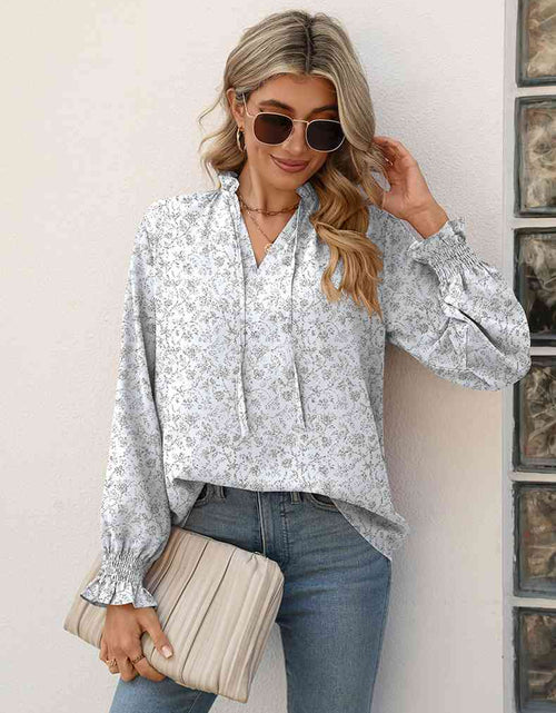 Load image into Gallery viewer, Printed Tie Neck Flounce Sleeve Blouse
