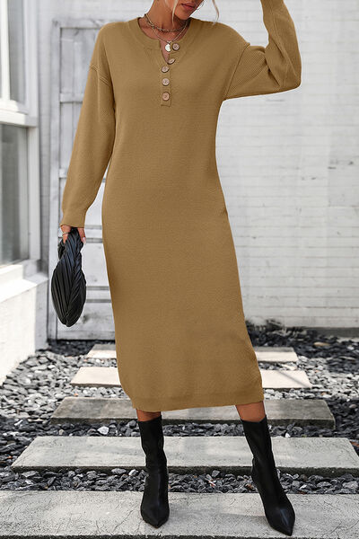 Load image into Gallery viewer, Decorative Button Notched Dropped Shoulder Sweater Dress
