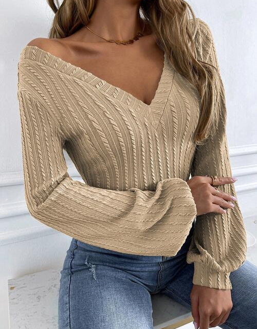 Load image into Gallery viewer, Cable-Knit V-Neck Long Sleeve Knit Top
