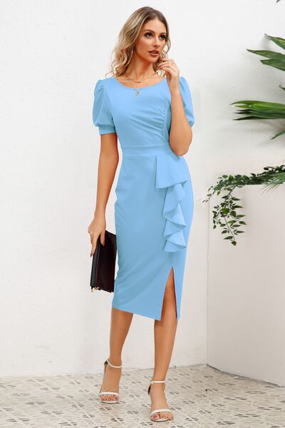 Load image into Gallery viewer, Slit Ruffled Puff Sleeve Midi Dress
